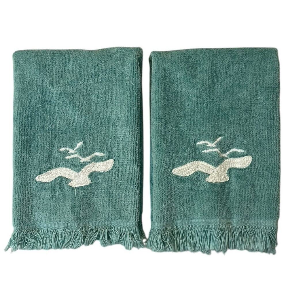 Vtg 70s Lady Pepperell Hand Towels Beach Seagulls‎ Embroidered Fringe 2pcSet MCM
